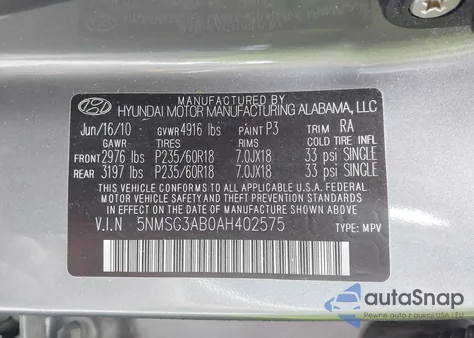 2010 Hyundai Santa Fe Gls z USA, uszkodzony, nr VIN 5NMSG3AB0AH402575